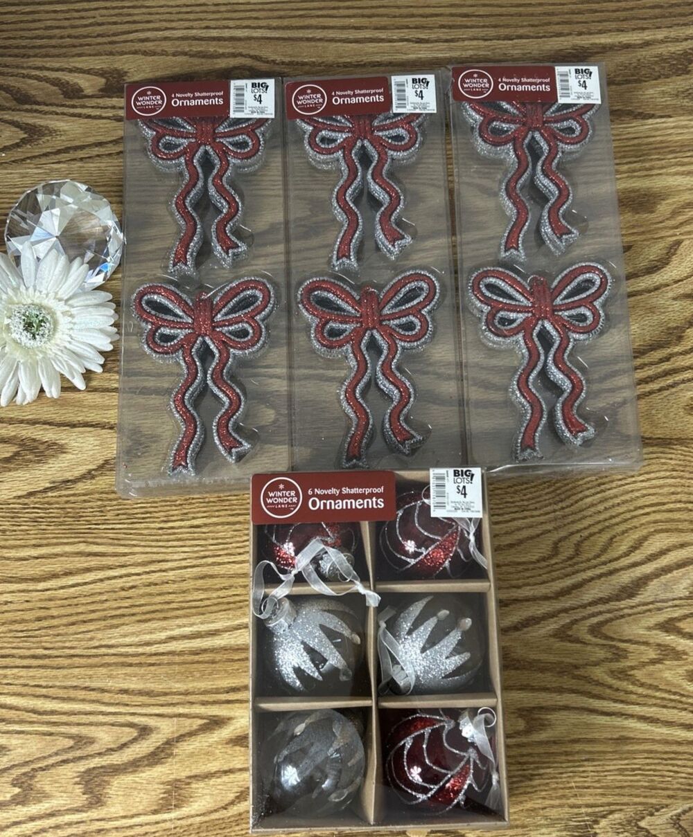 Winter Wonder Lane 4 Pack Red Sparkly Bows Christmas Tree Holiday Ornaments